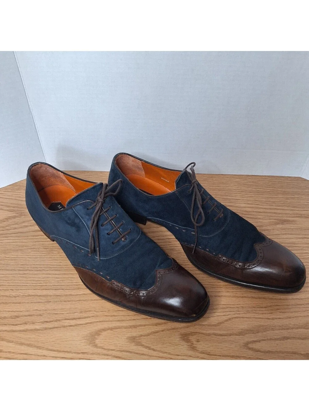 MEZLAN Men's 10.5 M Blue Suede Brown Leather Wingtip Oxford Dress Shoes Spain